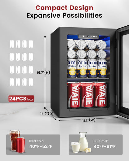 24 Can Beverage Refrigerator, Mini Fridge, Black | 40-61°F, Whisper-Quiet ≤38Db, Fast Even Cooling, Removable Shelf, for Soda, Beer, Wine. Fits Office, Dorm, Bedroom, Home Bar