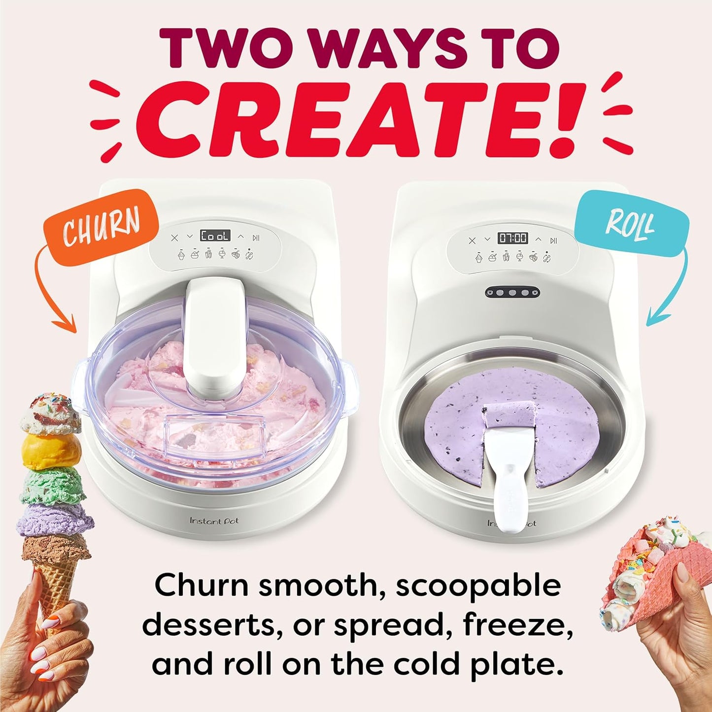 Instantchill Ice Cream Maker with Built‑In Compressor, No Pre‑Freezing, Real Ice Cream in Minutes*, Gelato, Sorbet, Rolled, Non‑Dairy, Mix‑Ins, Easy Clean Up, Quiet, Makes up to 2 Pints