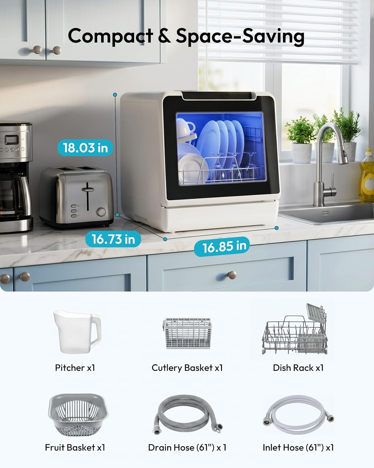 Countertop Dishwasher Portable, 8 Programs with 5L Tank, Black, 40Db | 360° Dual Spray Arms, 29-Min Quick Wash, 8-Program with Child Lock and Delay Mode, 167°F, 73H Ventilation, 40Db, Time-Saving