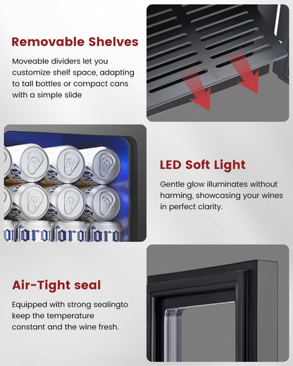 24 Can Beverage Refrigerator, Mini Fridge, Black | 40-61°F, Whisper-Quiet ≤38Db, Fast Even Cooling, Removable Shelf, for Soda, Beer, Wine. Fits Office, Dorm, Bedroom, Home Bar