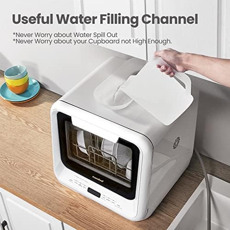 Portable Dishwasher Countertop with 5L Built-In Water Tank, No Hookup Needed, 6 Programs, 360° Dual Spray, 192℉ High-Temp& Air-Dry Function, Mini Dishwasher for Rvs, White | No Hookup Needed for Rvs, Dorm& Apartment High-Temp & Air-Dry, 360° Dual Spray, Compact & Energy Efficient, White
