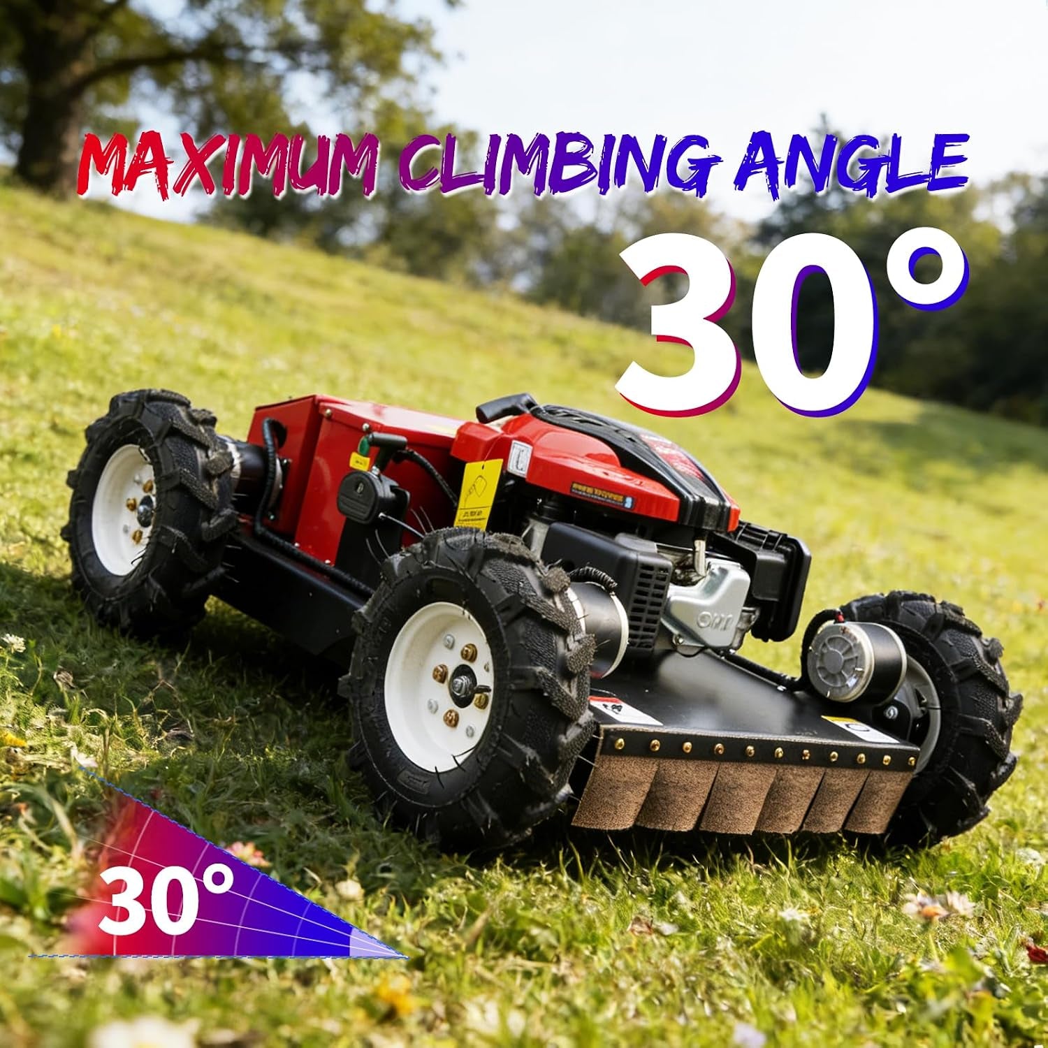 Remote-Controlled Robotic Lawnmower Features a 7.5-Horsepower Gasoline Engine, a Small Hybrid Four-Wheel Drive System, and Can Climb Slopes up to 30 Degrees. Suitable for Various Scenarios