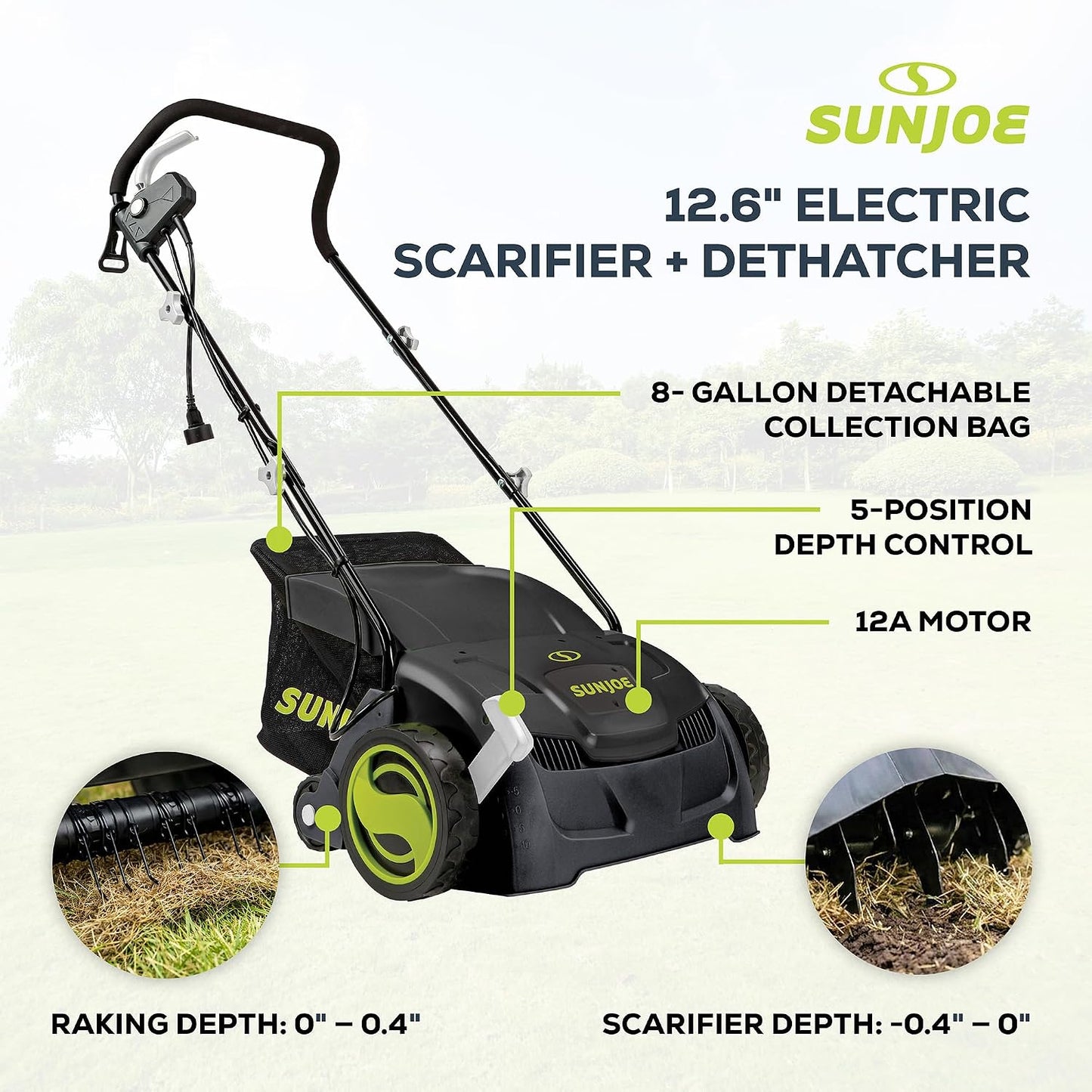 Electric Dethatcher & Scarifier, Corded, with 8-Gal Bag, AJ801E | 12.6-Inch Cutting Width, 12-Amp Motor - Heavy-Duty Yard Trimmer for Lawn Maintenance