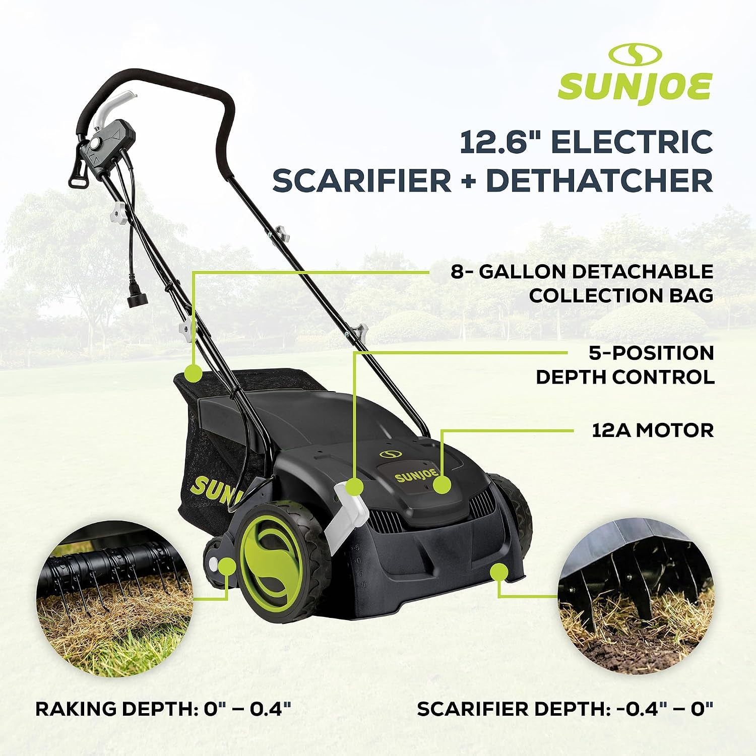 Electric Dethatcher & Scarifier, Corded, with 8-Gal Bag, AJ801E | 12.6-Inch Cutting Width, 12-Amp Motor - Heavy-Duty Yard Trimmer for Lawn Maintenance