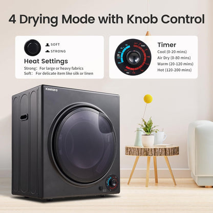 Portable Dryer 3.0 Cu.Ft, 1500W Compact Dryer with Stainless Steel Tub, 4 Drying Mode, Overheat Protection, Apartment, Dorms, Rvs, Black