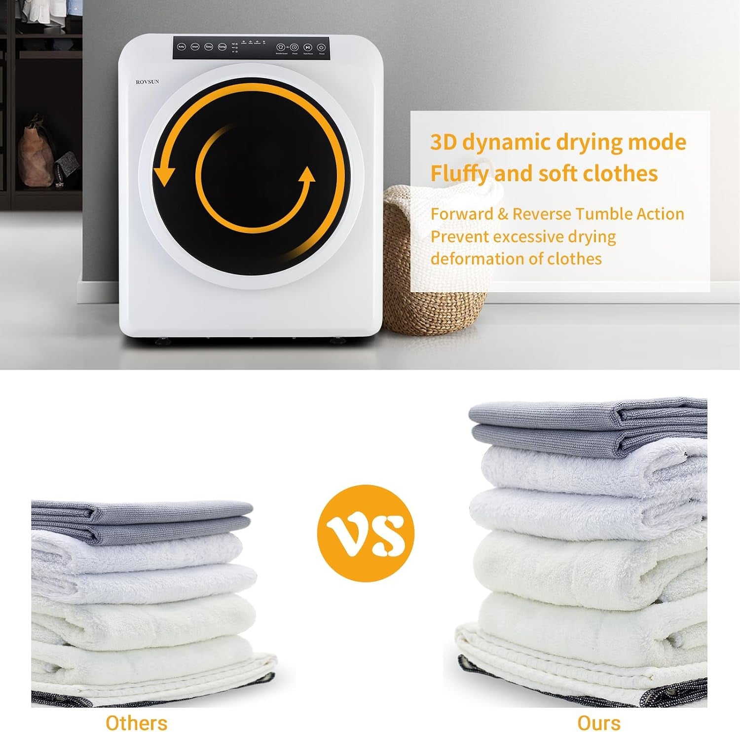 3.5 Cu.Ft Portable Clothes Dryer, High End Front Load Tumble Laundry Dryer with LCD Touch Screen, Stainless Steel Tub for Apartment, Home, Dorm-110V, Classic White