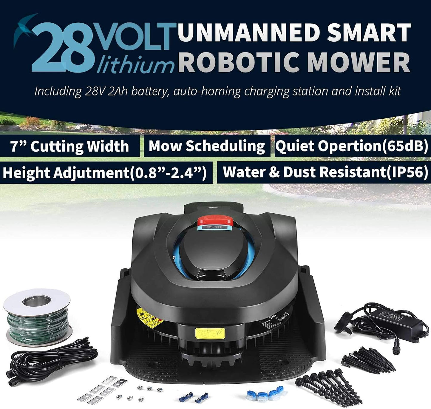 RM18 28V Robotic Lawnmower Autocharging Self-Propelled 18Cm Cut Width and 20-60Mm Cutting Heights Robot Lawn Mower with Samsung Battery for Lawns up to 600M² Include Garage