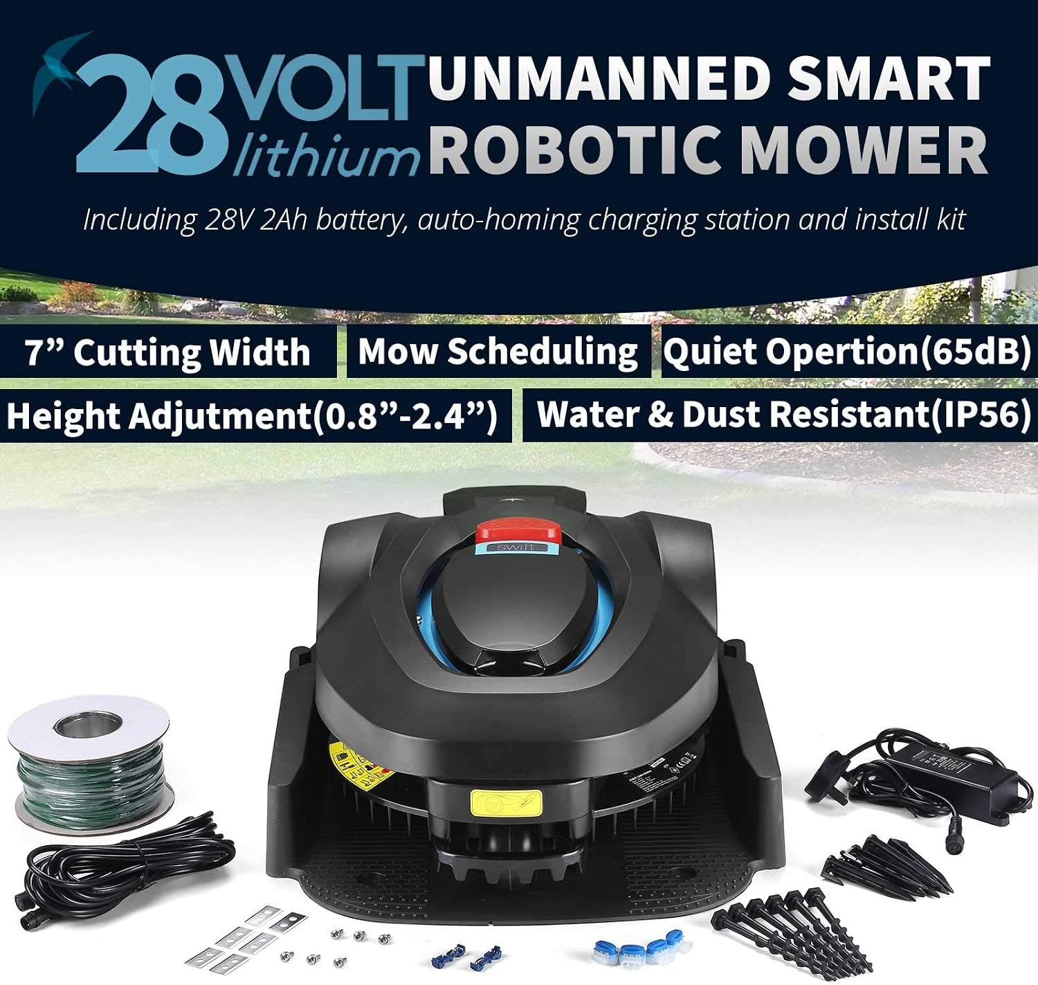 RM18 28V Robotic Lawnmower Autocharging Self-Propelled 18Cm Cut Width and 20-60Mm Cutting Heights Robot Lawn Mower with Samsung Battery for Lawns up to 600M² Include Garage