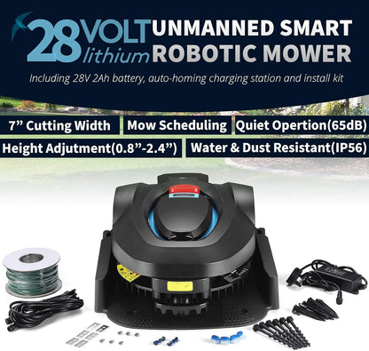 RM18 28V Robotic Lawnmower Autocharging Self-Propelled 18Cm Cut Width and 20-60Mm Cutting Heights Robot Lawn Mower with Samsung Battery for Lawns up to 600M² Include Garage