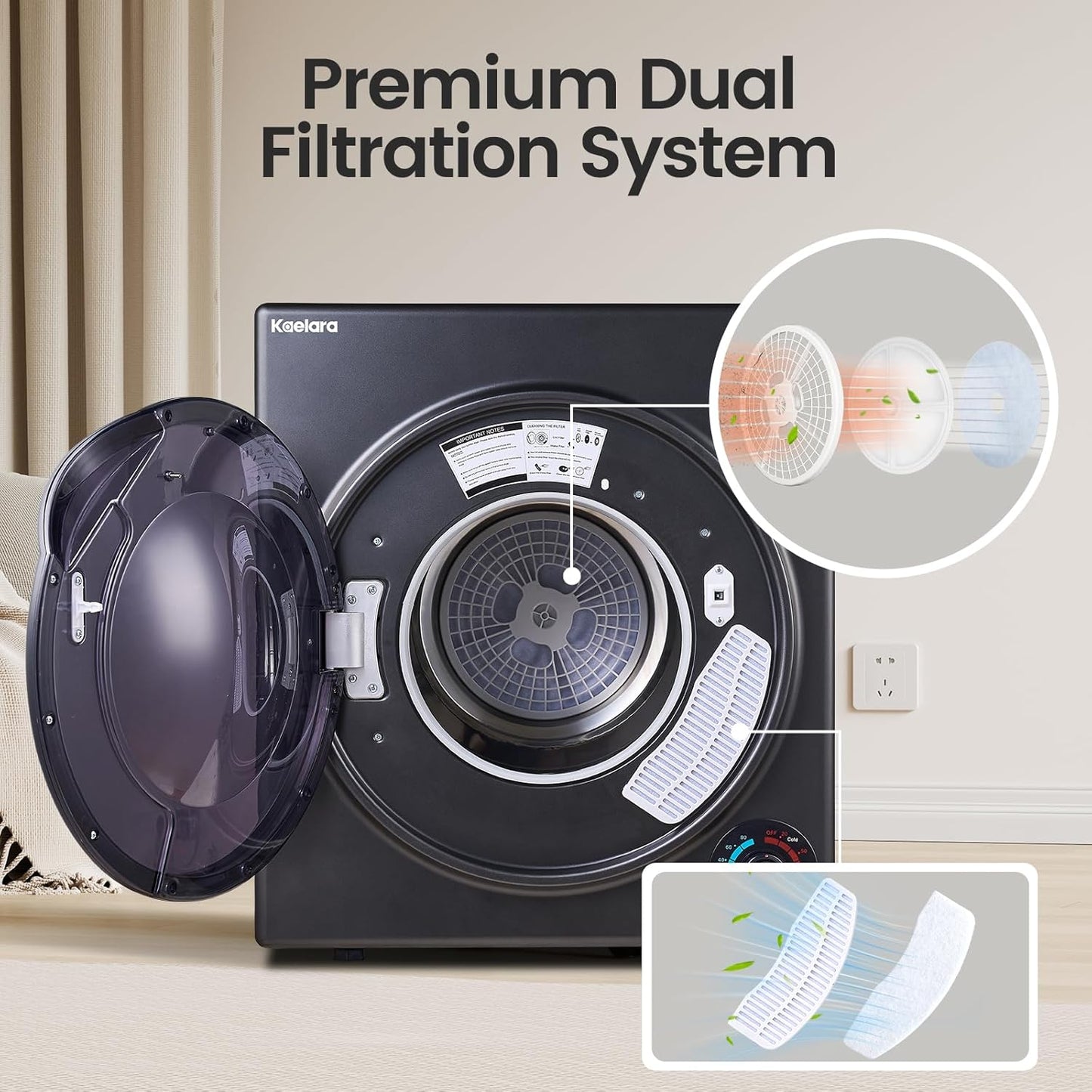 Portable Dryer 3.0 Cu.Ft, 1500W Compact Dryer with Stainless Steel Tub, 4 Drying Mode, Overheat Protection, Apartment, Dorms, Rvs, Black